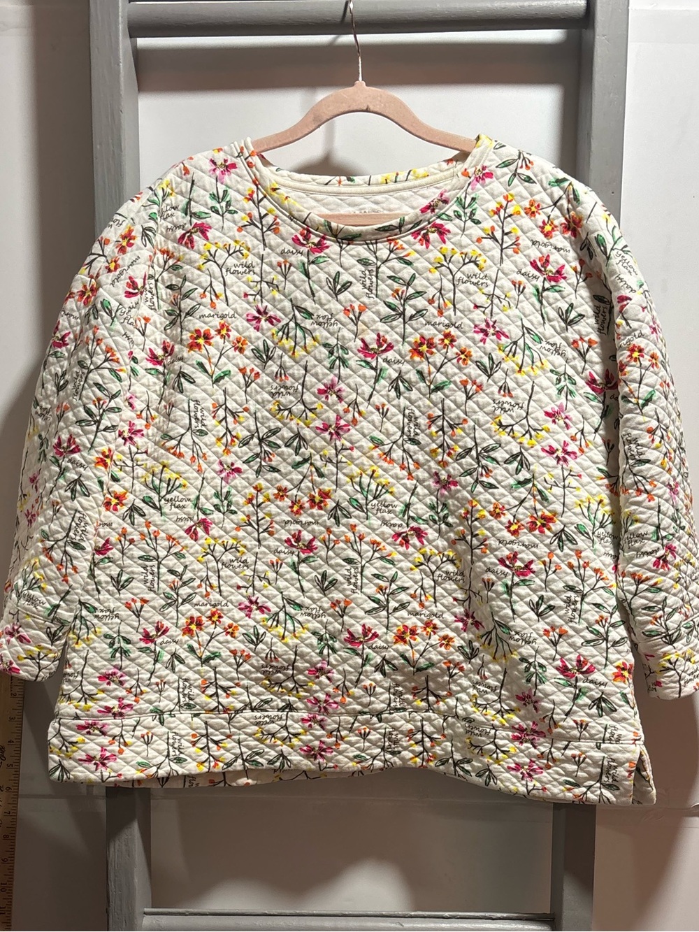 Lands' End Quilted Floral Sweatshirt - Cream with Pink, Yellow & Green